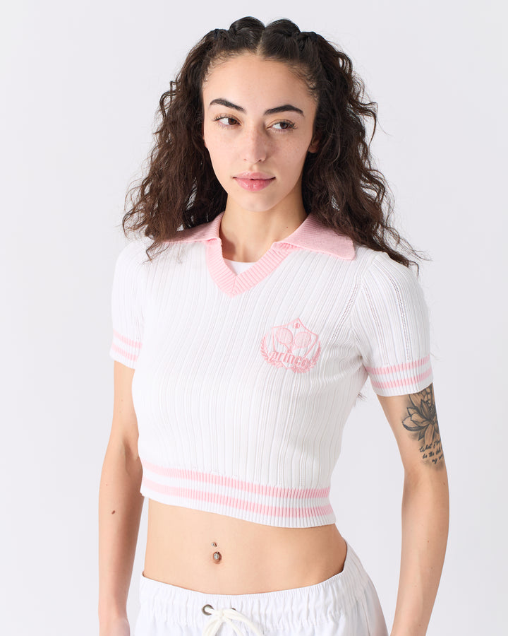 Ribbed Knit Badge Polo - Pink